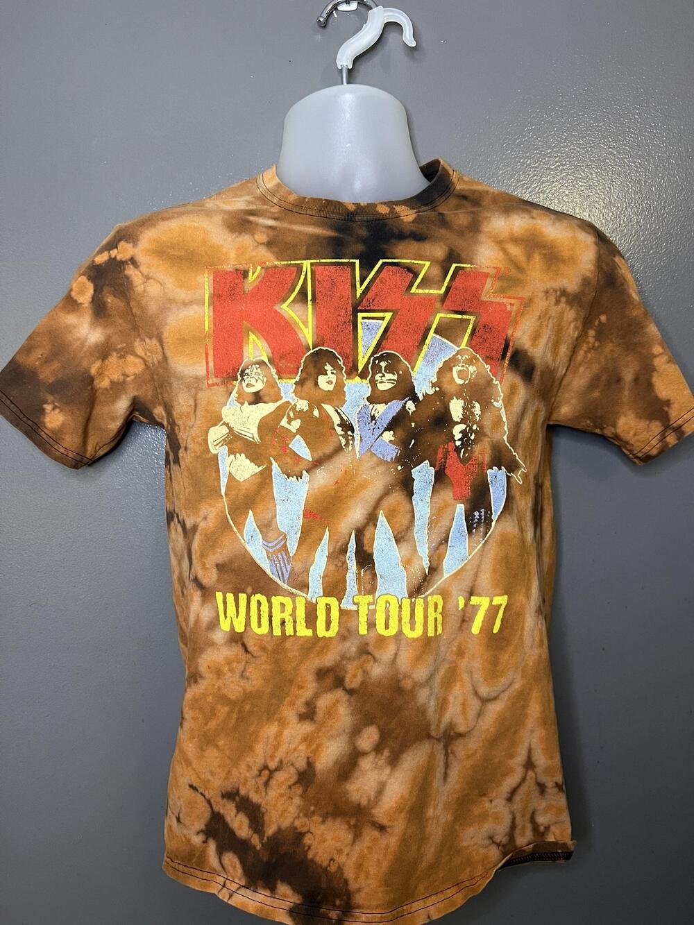KISS Shirt Mens Small Brown Bleach Tie Dye World Tour '77 Graphic Band Tee Rock